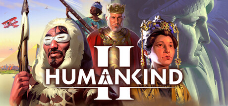 HUMANKIND II key art showing a fur-clad hunter, a crowned ruler, a figure in an ornate headdress, pyramids, and the Statue of Liberty.