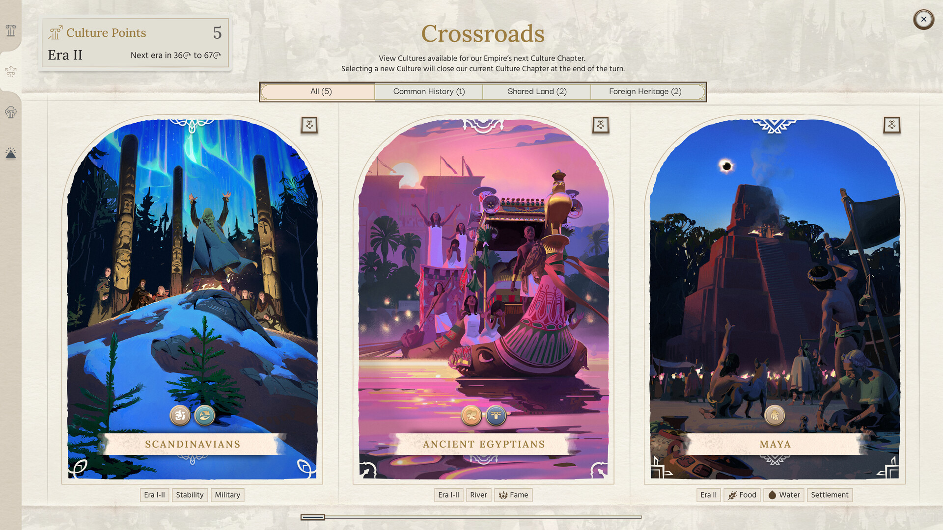 Official Steam screenshot of a Crossroads culture screen in Era II, with cards labeled Scandinavians, Ancient Egyptians, and Maya.